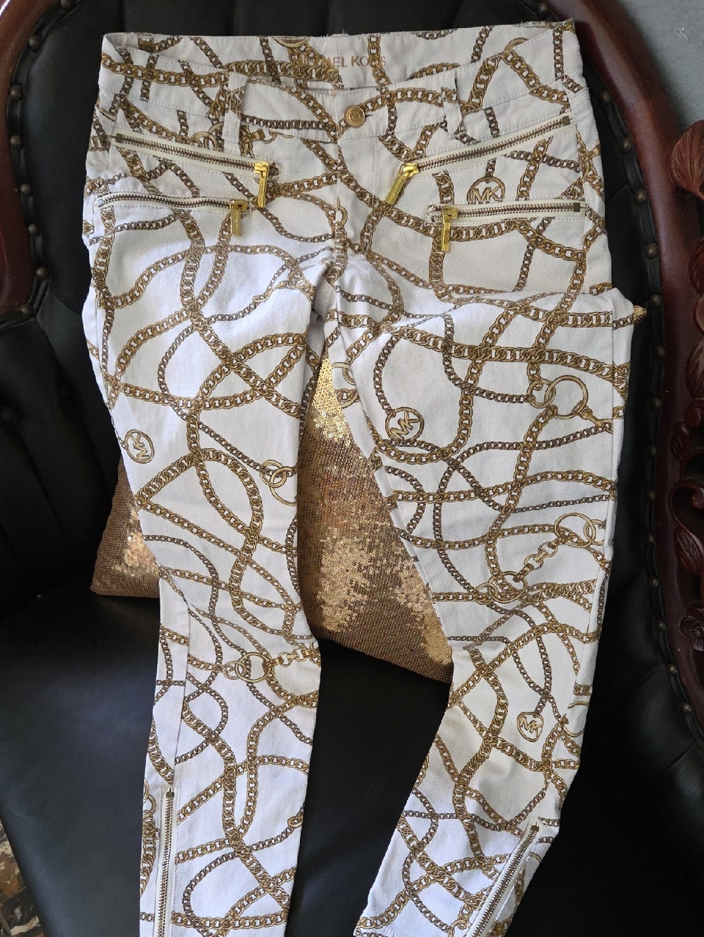 Michael Kors White Jeans with Gold Chain-Print
